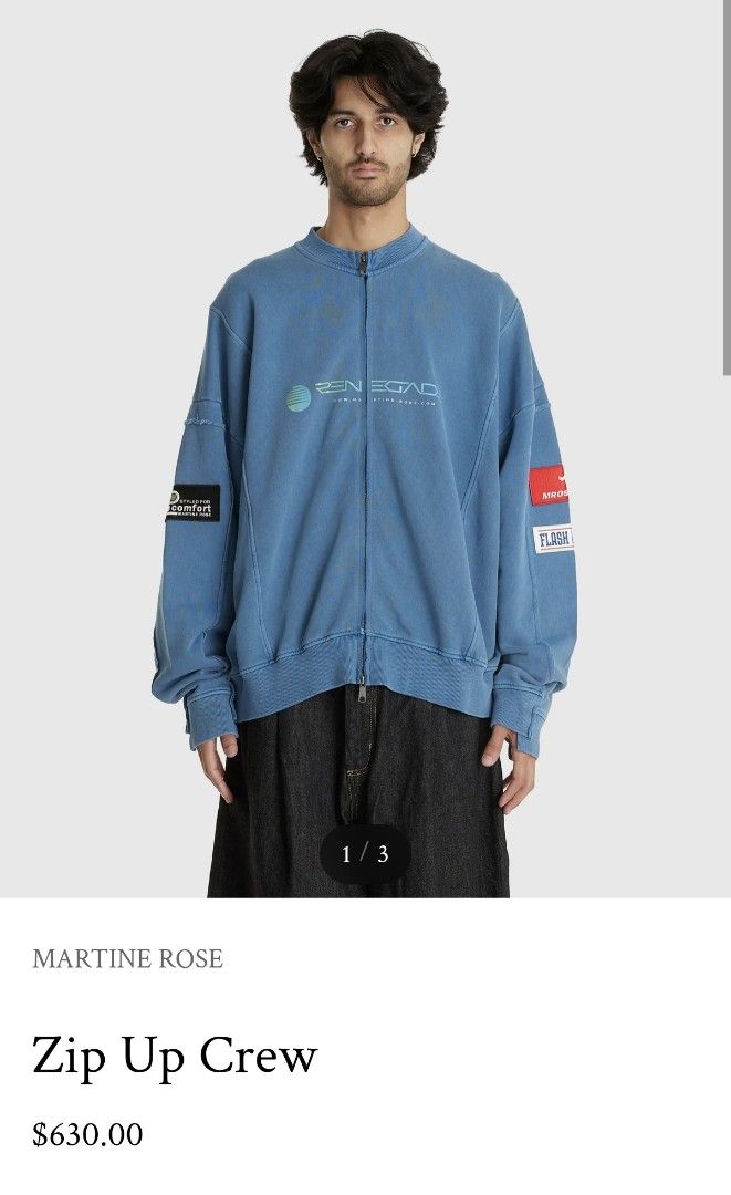 Martine Rose Renegade Zip Up Crew (Category: Coats, Jackets and Outerwear) located in Taguig. Submitted by _theroom.ph (Listing ID 1467197725, Image 1). Description: - Brand: Martine Rose - Color: Washed blue - Closure: Full front zipper with ribbed collar, cuffs, and hem - Design: Printed graphics on the chest and embroidered patches on both sleeves - Details: Trendy exposed seam construction Martine Rose Zip-Up Panelled Sweatshirt (Featuring A 