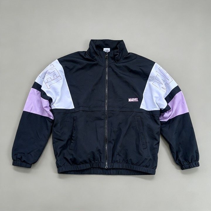 Marvel Black White Purple Colorblock Zip Jacket Size 150 (Category: Coats, Jackets and Outerwear) located in Baguio. Submitted by miishaysh67446 (Listing ID 1467357139, Image 1). Description: - Authentic Marvel branding on the chest and sleeve - Trendy black, white, and purple colorblock design - Tagged size 150 (fits kids/teens) - Full zipper closure with convenient front pockets - Elastic cuffs and hem for a snug, comfortable fit - Condition: E