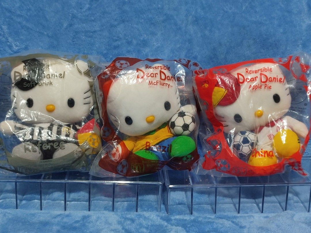 McDonald's Hello Kitty Dear Daniel World Cup Reversible Plush Toy Set (Category: Plushies & Soft Toys) located in Baguio. Submitted by abigailmyra (Listing ID 1467349715, Image 3). Description: PHP 110 each sealed PHP 85 each for loose ones Sanrio Mcdo 2002 reverse side are Mcdo food/drinkproducts loc:Baguio-CAR.