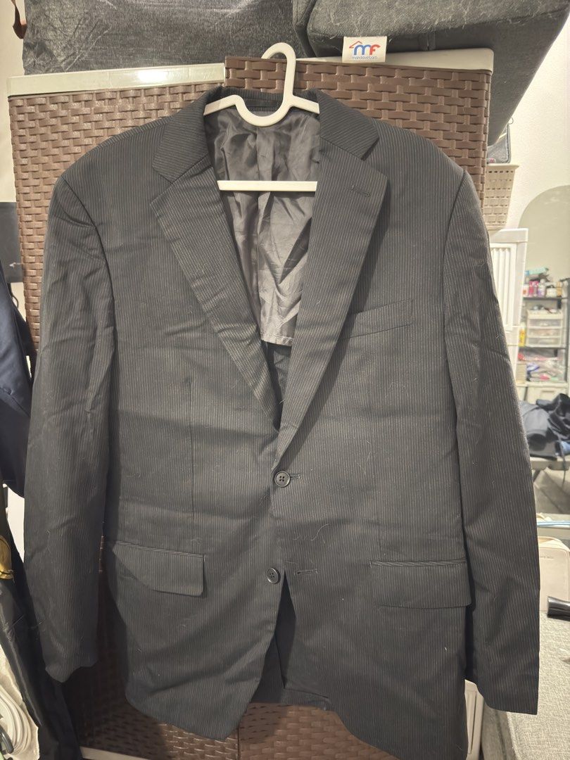 Mens Black Pinstripe Suit Blazer Jacket (Category: Coats, Jackets and Outerwear) located in Manila. Submitted by kimmy_yaaah (Listing ID 1467360470, Image 3). Description: l to xxl - Color: Dark greyish-black with subtle pinstripes - Closure: Two-button front - Style: Notched lapels, standard length sleeves - Pockets: Functional flap pockets at the waist - Interior: Fully lined in solid black - Ideal for: Office wear, business meetings, and forma