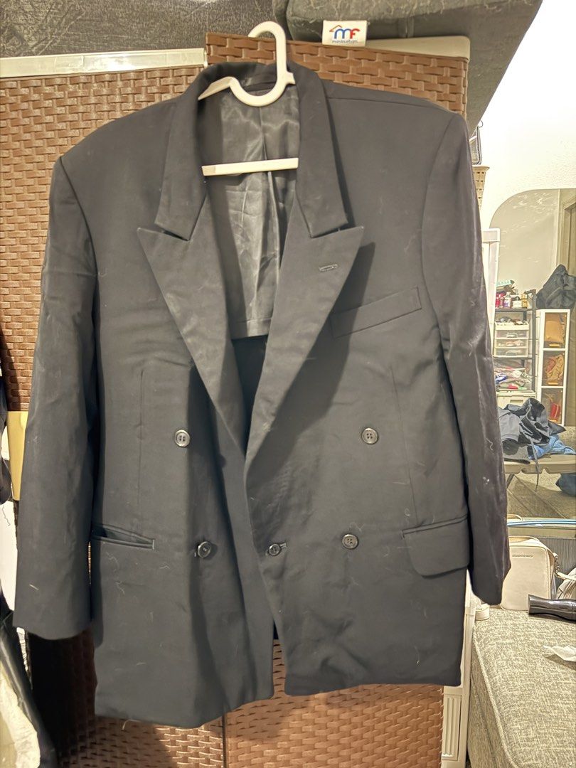 Mens Black Pinstripe Suit Blazer Jacket (Category: Coats, Jackets and Outerwear) located in Manila. Submitted by kimmy_yaaah (Listing ID 1467360470, Image 2). Description: l to xxl - Color: Dark greyish-black with subtle pinstripes - Closure: Two-button front - Style: Notched lapels, standard length sleeves - Pockets: Functional flap pockets at the waist - Interior: Fully lined in solid black - Ideal for: Office wear, business meetings, and forma