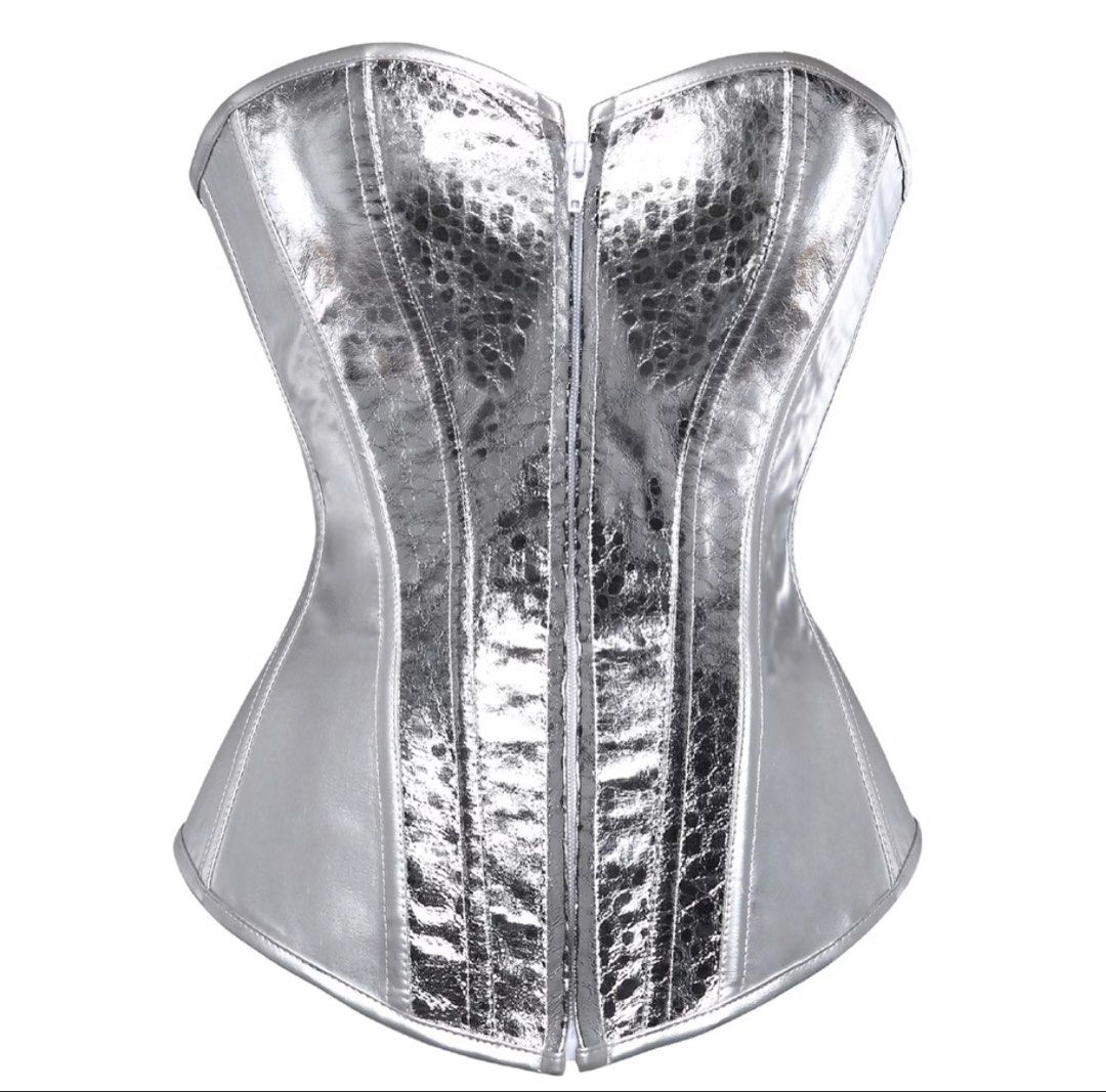 RUSH!! Metallic silver snakeskin corset top (Category: Sleeveless) located in Pateros City. Submitted by aaliyahyn886890 (Listing ID 1467291387, Image 1). Description: RFS: TOO BIG ON MEEE SIZE SMALL For reference: waist 26 hips 31 pls buy na po huhu🥹 - Brand new with tag attached, never worn (only tried on) - Eye-catching silver snakeskin pattern with a shiny metallic finish - Convenient zip front closure - Structured boning for a flattering, s