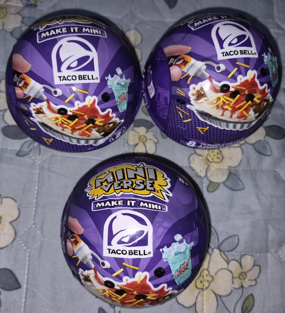 MGA Miniverse Make It Mini Taco Bell Balls (Category: Character Goods) located in Valenzuela. Submitted by babymell (Listing ID 1467170939, Image 1). Description: - Set of 3 unopened MGA Miniverse Make It Mini Taco Bell mystery balls - 100% brand new, untouched, and in original packaging - Contains collectible miniature Taco Bell food items inside - Great addition for toy and miniature collectors - Available as a bundle or individually upon reque