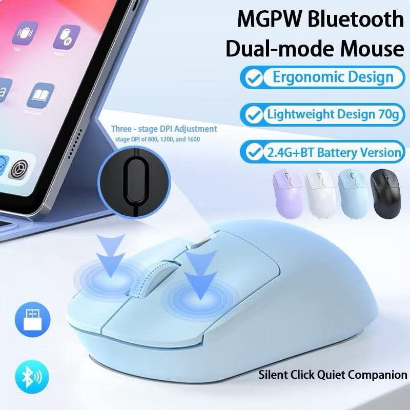 MGPW Bluetooth Dual-Mode Wireless Mouse (Category: Mouse & Mousepads) located in Manila. Submitted by iliasjen3082126 (Listing ID 1467324643, Image 2). Description: - Dual Connection: Works via 2.4G wireless USB and Bluetooth - Ultra Lightweight: Weighs around 70g for effortless portability - Silent Clicks: Distraction-free clicking, ideal for offices and libraries - Rechargeable: Built-in battery with convenient Type-C charging - Adjustable DPI: