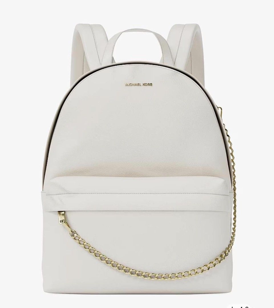 Michael Kors White Backpack with Chain Detail (Category: Backpacks) located in Manila. Submitted by mchuam (Listing ID 1467318056, Image 1). Description: - Authentic Michael Kors White Backpack (Style: 35F5G04B2V) - Dimensions: 10.5"W x 13.25"H x 6"D - Material: Polyurethane blend with 100% polyester lining and luxurious gold-tone hardware - Features: Front zip pocket, interior back zip pocket, and 2.25" handle drop with secure zip fastening - Co