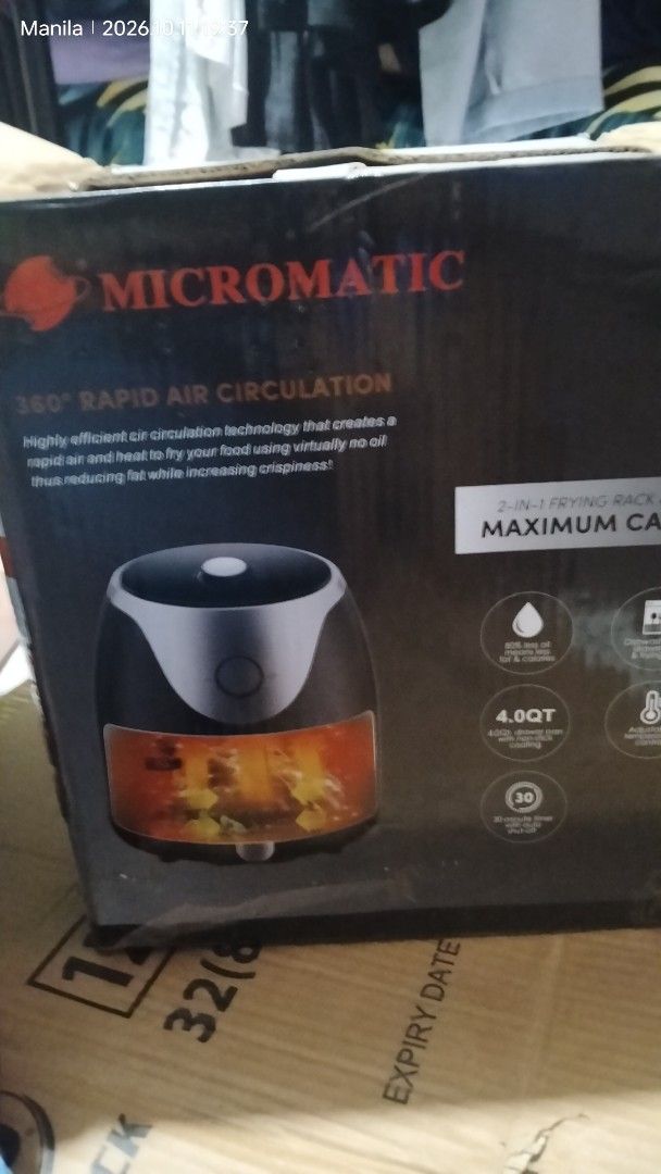 Micromatic 4.0QT Air Fryer (Category: Fryers) located in Manila. Submitted by mightyphoenix-df7155 (Listing ID 1467293436, Image 3). Description: - Brand: Micromatic Air Fryer - Capacity: 4.0QT maximum capacity - Technology: 360-degree rapid air circulation for fast and even cooking - Controls: Easy manual knobs on top with cooking time and temp guides (fries, chicken wings, sweet potato, shrimp, fish, cake) - Inclusions: Comes with a 2-in-1 fryi