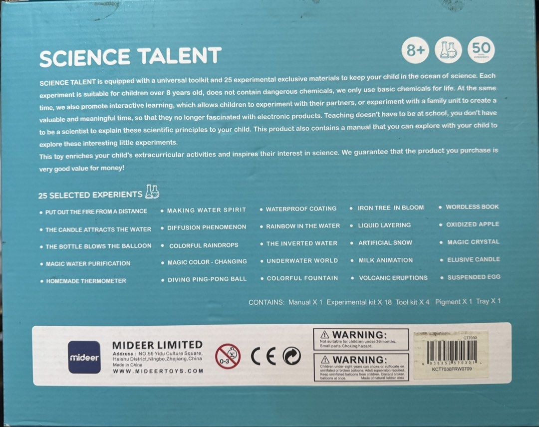 Mideer Science Talent Educational Toy Set (Category: Educational & Learning Toys) located in San Pedro. Submitted by pageturner19 (Listing ID 1467219944, Image 3). Description: Unused; box opened to check the contents - Brand: Mideer Science Talent Kit - Recommended Age: 8 years old and up - Total Experiments: 50 fun and engaging science experiments - Organized: Individual foil-sealed pouches for easy sorting - Complete Set: Includes manual, tool