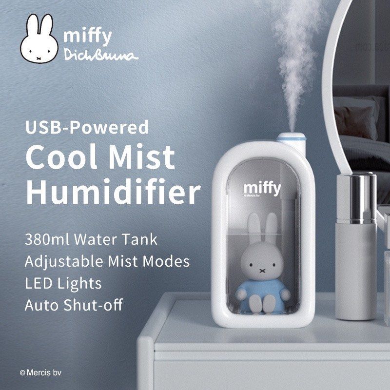 Miffy USB-Powered Cool Mist Humidifier 380ml (Category: Air Purifiers & Dehumidifiers) located in Manila. Submitted by cimpledimple (Listing ID 1467233814, Image 1). Description: Official Miffy USB Humidifier (380ml capacity) in white with blue accents. Features adjustable mist modes, soothing LED lights, and auto shut-off for safety. Comes with an adorable Miffy figurine inside the tank. Perfect for your desk or bedroom!.