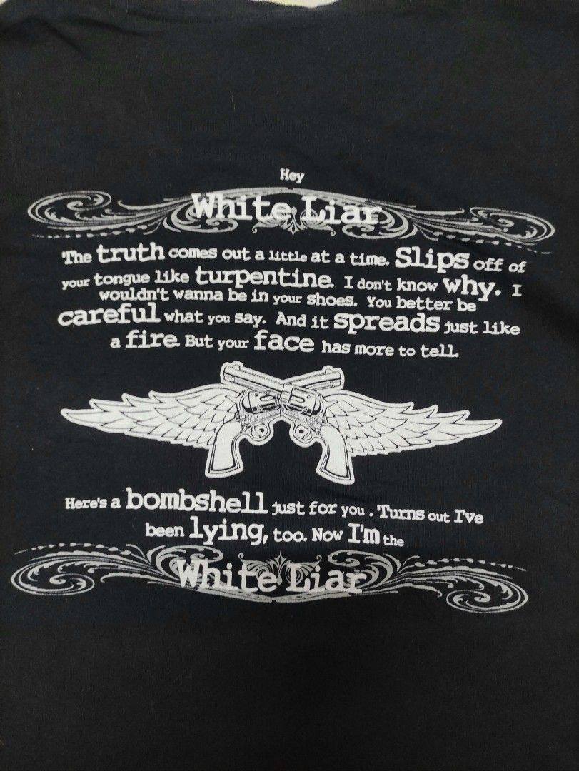 Miranda Lambert White Liar Graphic T-Shirt (Category: Shirts) located in Binan City. Submitted by myks_thrift (Listing ID 1467358949, Image 3). Description: - Official Miranda Lambert White Liar tour merchandise - Color: Black short sleeve top - Graphic print on front with lyrics on the back - Size: Medium (Slim fit cut) - Material: 100% combed cotton (Kavio brand tag) - Care: Machine washable - Made in Vietnam.