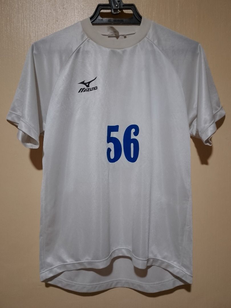Mizuno White Jersey (Category: Activewear) located in Bayombong. Submitted by daily10 (Listing ID 1467362313, Image 2). Description: - Brand: Mizuno - Color: White with bold blue number 56 on front and back - Size: S (JASPO tag) - Dimensions: 19.5" x 26f" x 28b - Material: Lightweight, breathable athletic fabric - Design: Short sleeves and classic round collar -All Items are thrifted/preloved. Please manage your expectation -Payment First -No Ret