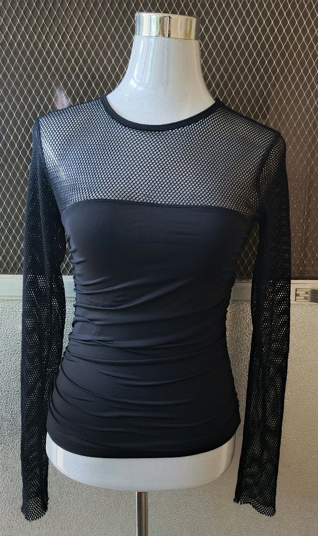 MNG Black Mesh Panel Long Sleeve Top (Category: Longsleeves) located in Cebu City. Submitted by violacloset (Listing ID 1467288504, Image 1). Description: Measurements: length: 22 bust: 14 stretchable best fits small thin ladies.