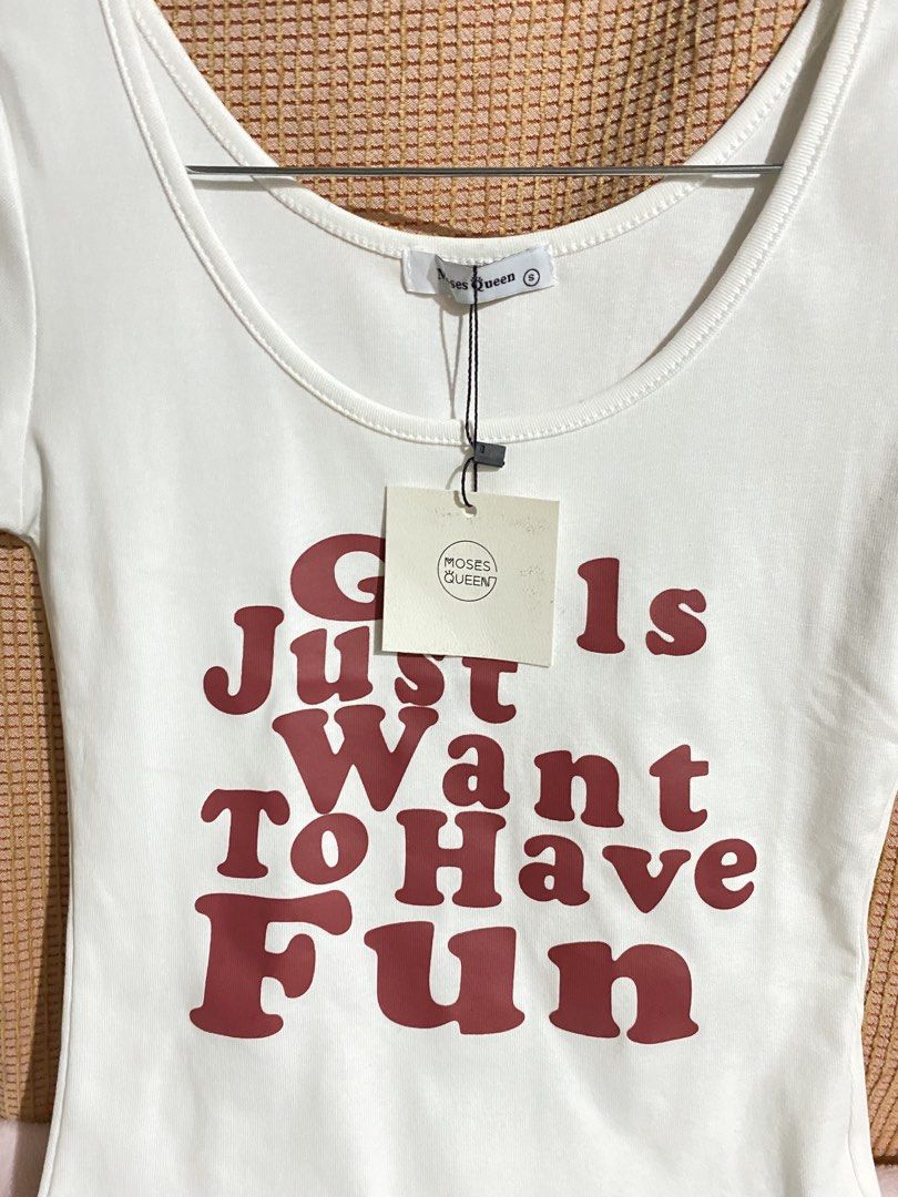 Moses Queen Fitted Statement Tee (Category: Shirts) located in Tarlac. Submitted by declutteredbyglai (Listing ID 1467309440, Image 3). Description: - Brand New - White Fitted Statement Tee - Girls just wanna have fun .