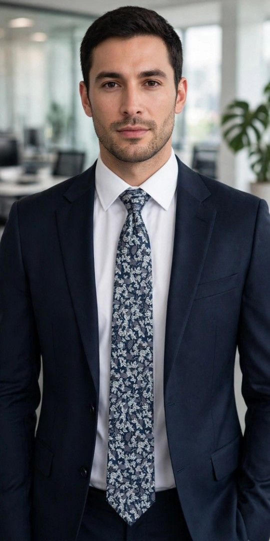 Navy Blue Floral Pattern Necktie (Category: Ties) located in Manila. Submitted by tinygazo90639 (Listing ID 1467234704, Image 1). Description: - Color/Pattern: Navy blue with detailed white and grey floral print - Condition: Worn once, freshly dry cleaned, and ready to wear - Fit/Style: Standard width with a clean knot that holds its shape well - Pairing: Great match for solid white dress shirts and dark suits.