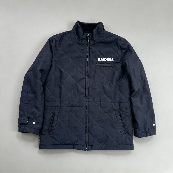 NFL Oakland Raiders Quilted Winter Jacket (Category: Coats, Jackets and Outerwear) located in Baguio. Submitted by miishaysh67446 (Listing ID 1467357124, Image 1). Description: - Item: NFL Oakland Raiders Quilted Winter Jacket - Gender/Size: Women's Medium - Color: Black - Features: Front zip closure, stand-up collar, embroidered team branding on chest and back, adjustable drawstring waist with metal toggles - Condition: Good pre-loved condition 