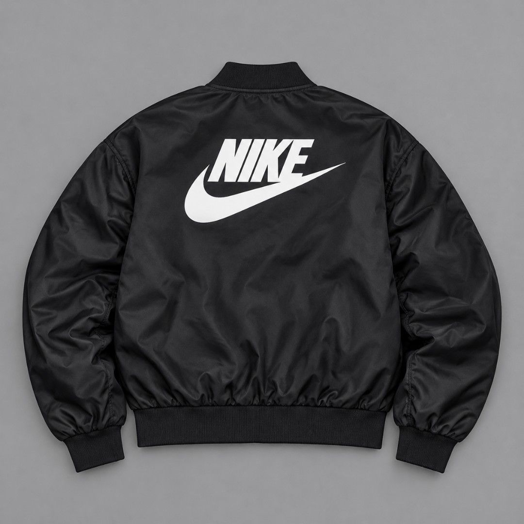 Nike Bomber Jacket Black with White Logo (Category: Coats, Jackets and Outerwear) located in Baguio. Submitted by miishaysh67446 (Listing ID 1467357235, Image 2). Description: - Brand: Nike - Style: Classic black bomber jacket with satin-like sheen - Closure: Full front zip - Details: Ribbed collar, cuffs, and hem - Branding: Small Nike logo on left chest, oversized white Nike swoosh and lettering on the back - Pockets: Two front pockets with sna