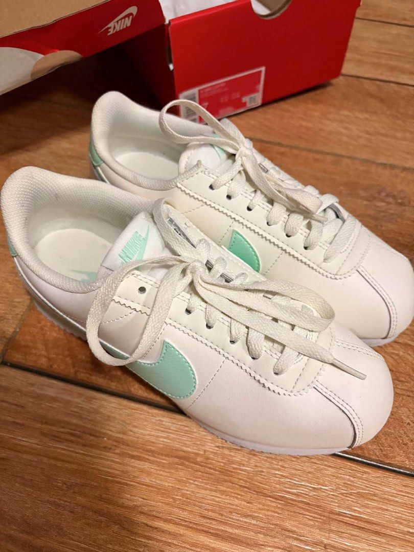 Nike Cortez White Mint Green Sneakers (Category: Sneakers) located in San Fernando. Submitted by ang.hel (Listing ID 1467198242, Image 1). Description: - Brand: Nike - Model: Cortez - Colorway: White and Mint Green - Material: Classic leather upper with iconic swoosh - Sole: Ribbed rubber outsole with minimal wear - Inclusion: Comes with original shoebox - Condition: Excellent pre-loved condition - twice worn.