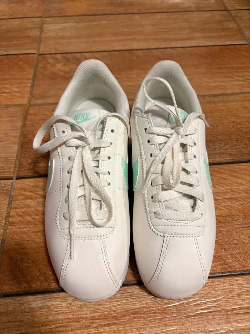 Nike Cortez White Mint Green Sneakers (Category: Sneakers) located in San Fernando. Submitted by ang.hel (Listing ID 1467198242, Image 2). Description: - Brand: Nike - Model: Cortez - Colorway: White and Mint Green - Material: Classic leather upper with iconic swoosh - Sole: Ribbed rubber outsole with minimal wear - Inclusion: Comes with original shoebox - Condition: Excellent pre-loved condition - twice worn.