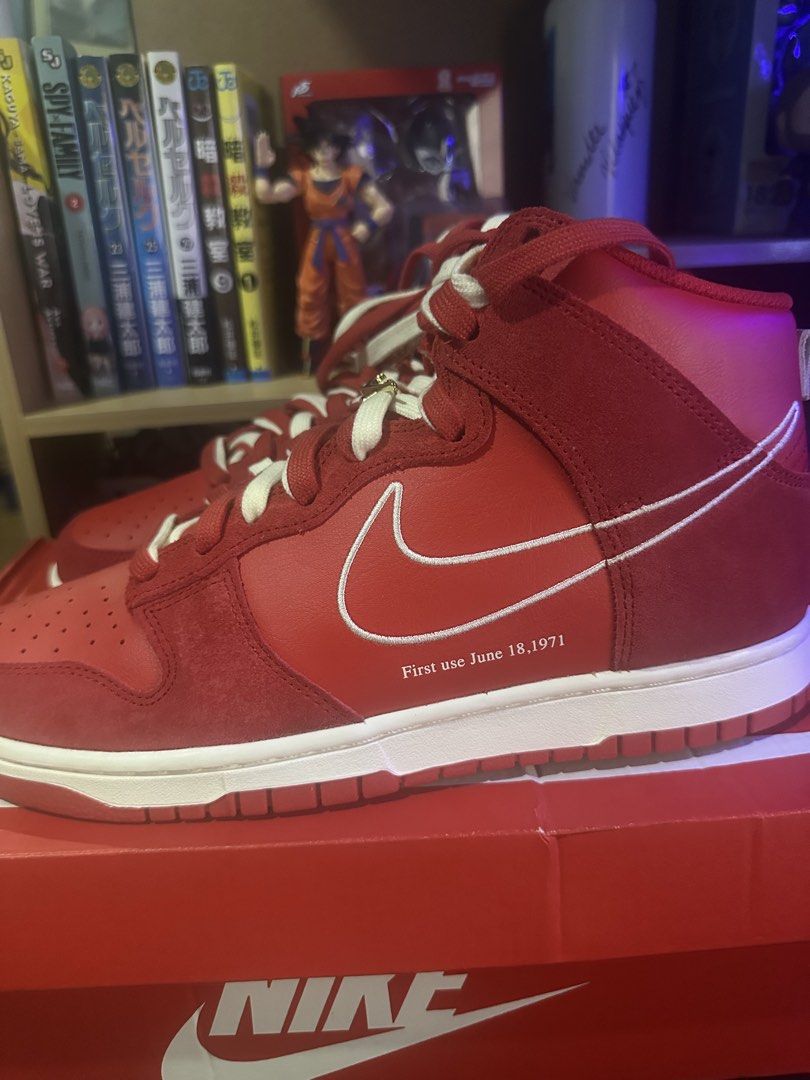 Nike Dunk High University Red First Use (Category: Sneakers) located in Manila. Submitted by kedno (Listing ID 1467349037, Image 2). Description: - Model: Nike Dunk High 'University Red' (First Use Collection) - Release significance: Celebrating June 18, 1971 - Materials: Premium suede and leather overlays with white contrast stitching - Details: Matching laces and original Nike shoebox included - Condition: Brand new, never worn, clean overall.