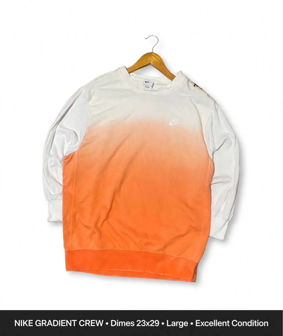 NIKE GRADIENT CREW • Dimes 23x29 • Large (Category: Coats, Jackets and Outerwear) located in Lucena. Submitted by jestonioab55753 (Listing ID 1467294474, Image 1). Description: - Brand: Nike - Style: Gradient crewneck sweatshirt (White to bright orange fade) - Details: Embroidered small Nike swoosh on left chest, ribbed cuffs and hem - Size: Large - Measurements: 23 inches (pit to pit) by 29 inches (length) - Condition: Excellent, classic pullove