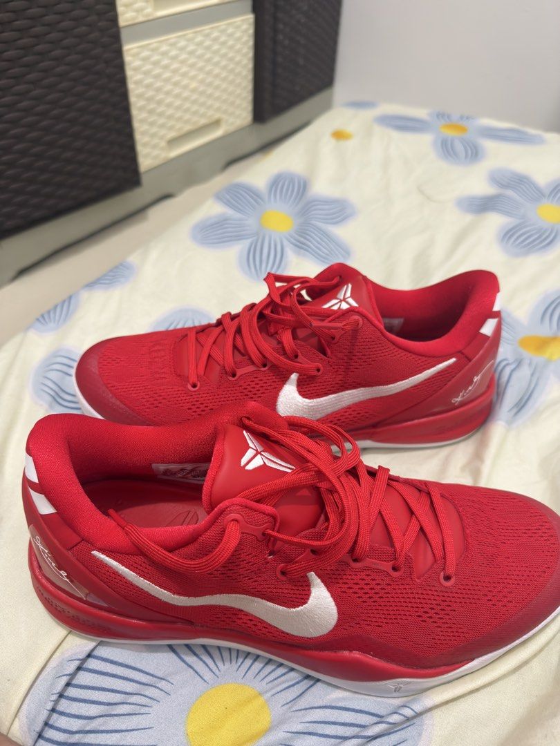 Nike Kobe 8 Protro University Res (Category: Sneakers & Footwear) located in Manila. Submitted by lucky_anton (Listing ID 1467277814, Image 2). Description: - Model: Kobe signature basketball shoes - Colorway: Vibrant red with clean white accents - Upper: Textured mesh for maximum breathability on the court - Details: Iconic Kobe sheath logo on the tongue and signature on the heel counter - Sole: White rubber outsole with herringbone traction pat
