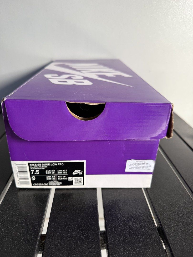 Nike SB Dunk Low Pro Black White Gum (Category: Sneakers) located in Quezon City. Submitted by prince.eros (Listing ID 1467207475, Image 3). Description: - Model: Nike SB Dunk Low Pro - Colorway: Black and white with classic gum outsoles - Size: Men's US 7.5 / Women's US 9 - Features: Durable suede upper, iconic skate style, and comfortable padded tongue - Inclusion: Comes with original purple SB box - Condition: Ready to ship, grab them before t