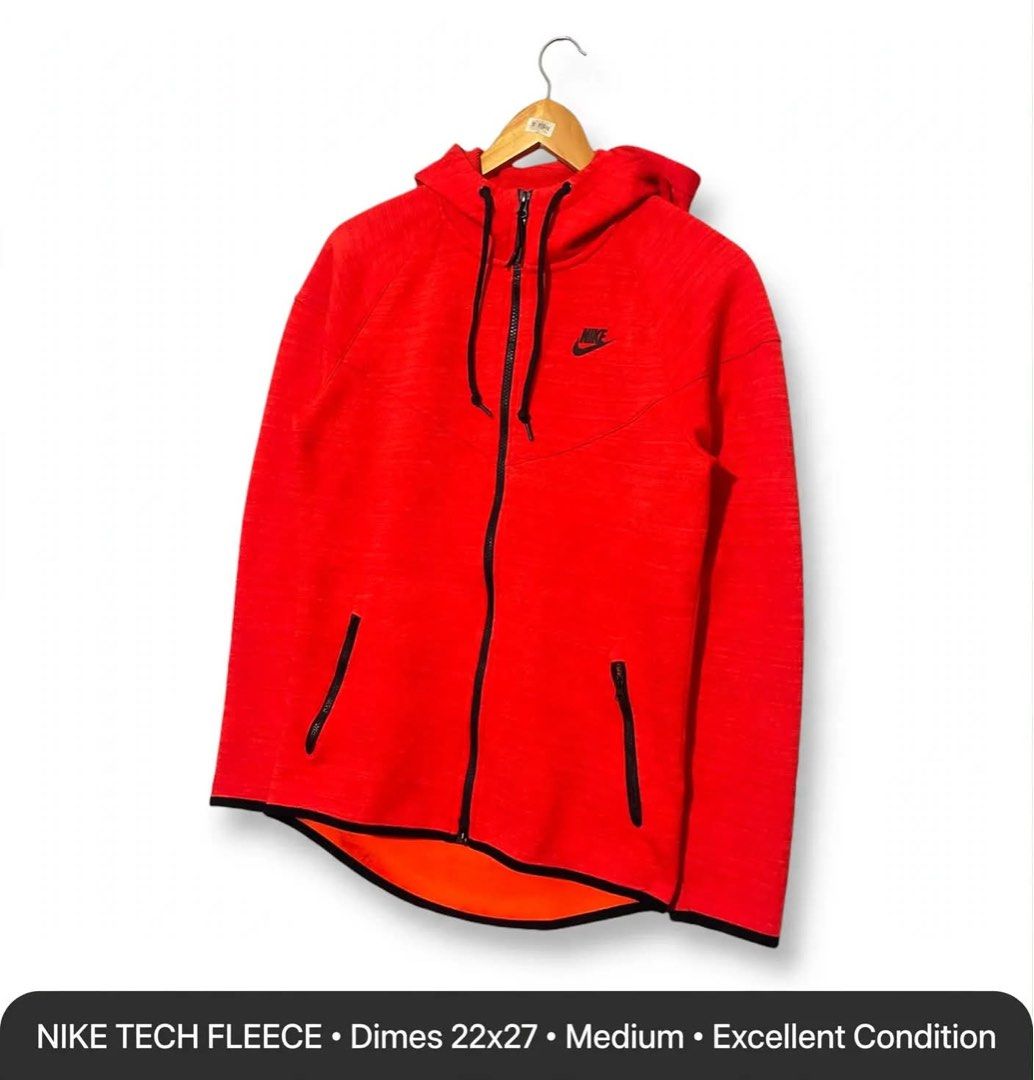 Nike Tech Fleece Full Zip Hoodie Red Medium (Category: Hoodies) located in Lucena. Submitted by jestonioab55753 (Listing ID 1467294375, Image 1). Description: - Brand: Nike - Style: Tech Fleece Full Zip Hoodie - Color: Bright red with black contrast trim and vibrant orange inner hem detail - Size: Men's Medium (Measures 22" pit to pit x 27" length) - Details: Iconic Nike logo on chest, functional hood with drawstrings, and convenient pockets - Co