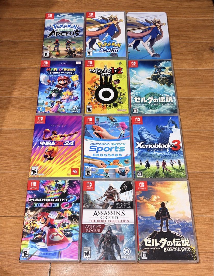Nintendo Switch Games (Category: Nintendo) located in Manila. Submitted by jjj042011 (Listing ID 1467338017, Image 1). Description: GAME LIST & PRICES: 1. Pokémon Legends: Arceus — ₱1,500 2. Pokémon Sword + SteelBook Case — ₱2,500 3. Mario + Rabbids: Sparks of Hope — ₱1,000 4. Patapon 1+2 Replay — ₱1,200 5. The Legend of Zelda: Tears of the Kingdom — ₱1,700 6. NBA 2K24 — ₱700 7. Nintendo Switch Sports (Almost New) — ₱2,000 8. Xenoblade Chronicles