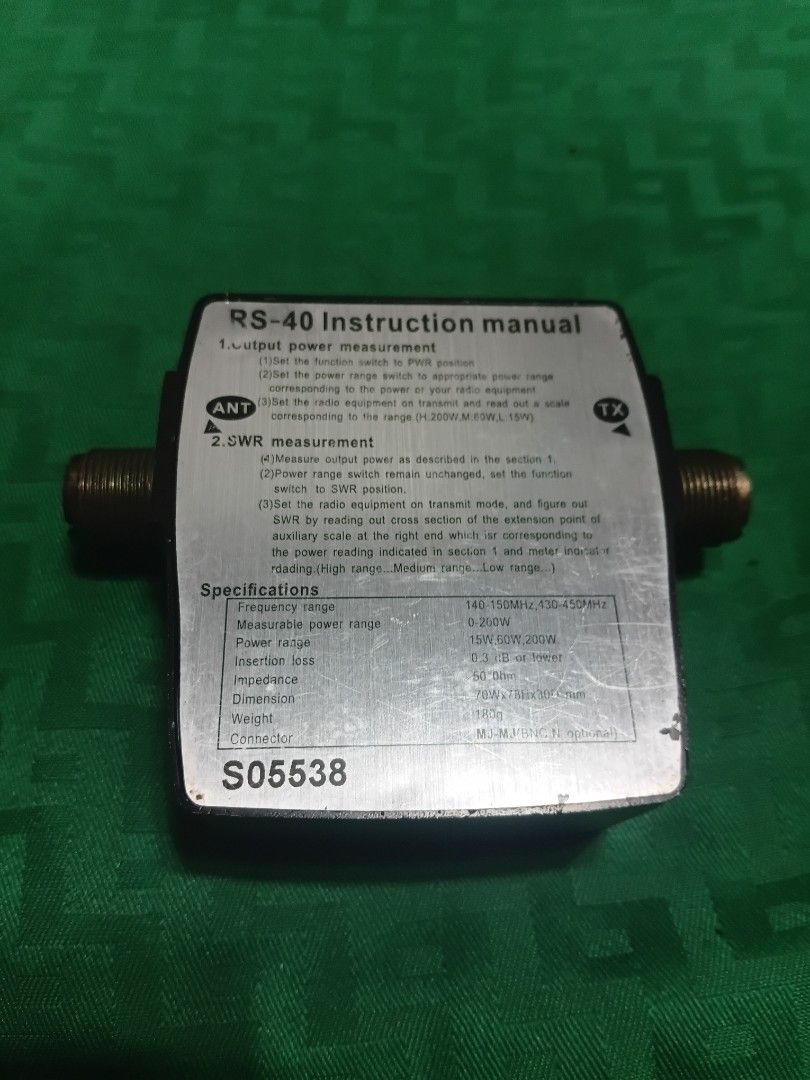 NISSEI RS-40 SWR & Power Meter (Category: Electrical, Adaptors & Sockets) located in Caloocan City. Submitted by ed_0130 (Listing ID 1467293797, Image 3). Description: - Brand: NISSEI RS-40 - Type: SWR and Power Meter for radio equipment - Frequency Range: 140-150MHz / 430-450MHz - Power Measurement: Up to 200W - Power Ranges: 15W, 60W, 200W - Build: Sturdy metal casing in black finish with standard connectors - Bonus: Instruction manual convenie