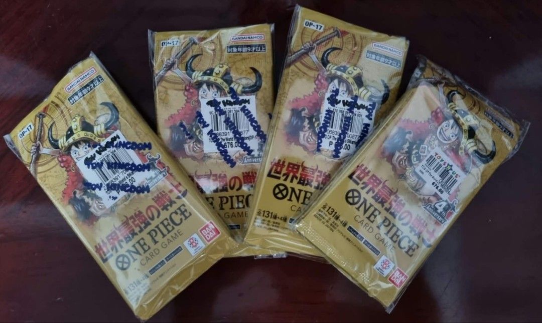 ONE PIECE TCG - OP17 (Category: Card Packs) located in Quezon City. Submitted by GD_GB (Listing ID 1467216610, Image 1). Description: FOR SALE ONE PIECE TCG 1. ❄ STARTER DECK - KUZAN - ST 33 ❄ - ENGLISH BANDAI | FACTORY SEALED - Comes with 1 OP-16 PACK 2. ☀️ OP 17 ☀️ - 4 PACKS BUNDLE - 800 EACH = 4 BUNDLE ‼2K AS PACK = ST 33 + OP17‼ 📍QUEZON CITY 🤝 SM NORTH/TRINOMA 🛵 SHIPPING AT BUYER'S EXPENSE.