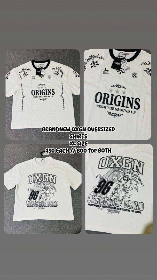 OXGN Oversized Shirts XL Size (Category: Shirts) located in Subic. Submitted by thrifty.finds024 (Listing ID 1467330785, Image 1). Description: - Brand: OXGN - Style: Oversized t-shirts - Color: Off-white - Size: Extra Large (XL) - Designs: Origins (baroque motifs/stars) and Motorcycle (Chase The Grind text) - Condition: Brand new with original tags - Retail Price: ₱799 each - Price: ₱450 for one / ₱800 for both.