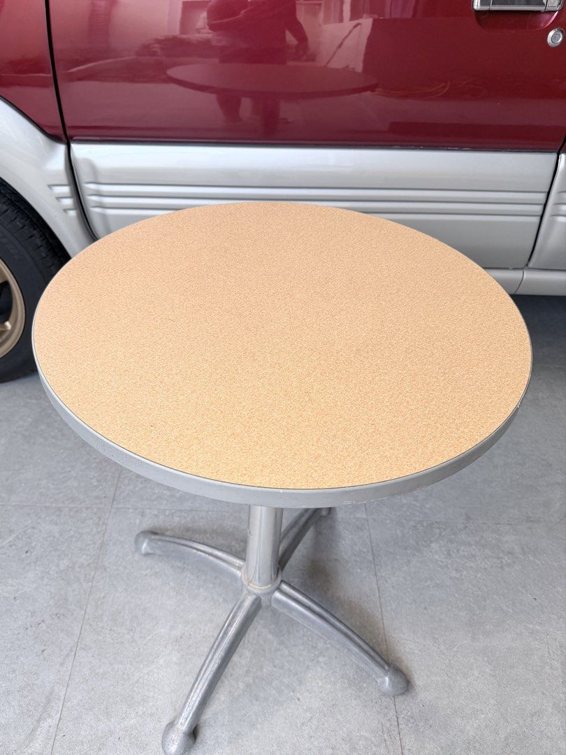 Pantry / Canteen Round Table (Category: Tables & Sets) located in Quezon City. Submitted by happyquailegg (Listing ID 1467176348, Image 2). Description: Pantry / Canteen Round Table Table top size: 60cm Height 74cm Minor scratches (signs of usage) Slightly faded bottom table frame ₱1200 each ₱1100 each if 3 pcs up ₱1000 each if take all (7pcs) Location: Alta Vista Homes, Reparo Rd. Caloocan City Mode of payment BPI, Gcash, Maya Shipping: Lalamove