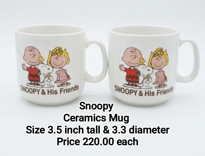 Peanuts Snoopy Ceramics Mug (Category: Coffee & Tea Tableware) located in Binan City. Submitted by mayjhe (Listing ID 1467202117, Image 1). Description: 💛 For Sale 💛 🌸 Peanuts Snoopy 🍀 Ceramics Mug 📍 Condition: Good 💰 Price is ₱ 220.00 each 👉 Other details posted 🇵🇭 Location Biñan Laguna 🛵 Courier J& T and Lalamove 📋 Shipping by schedule 📍 NO COD & COP 📌 All items are carefully packed and labeled with Fragile stickers for breakable g