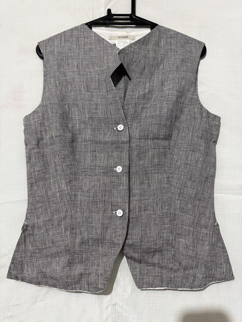 pegorer plaid waistcoast vest (Category: Sleeveless) located in Quezon City. Submitted by sxmotrie (Listing ID 1467271966, Image 1). Description: - Pegorer Sleeveless Vest (size 40) - made in Italy - 3 white front buttons, chic cut-out detail near the neckline, and contrasting white lining peeking out at the back hem.