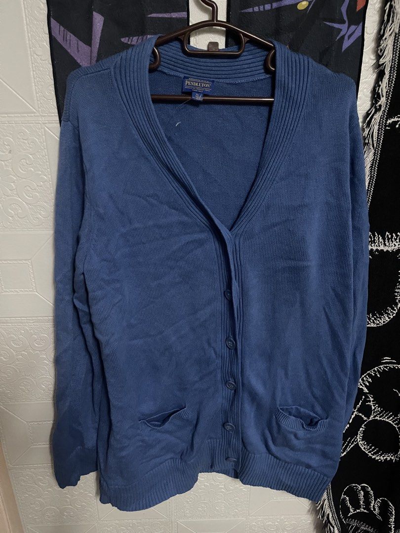 Pendleton Blue Cotton Cardigan XL Tall (Category: Coats, Jackets and Outerwear) located in Quezon City. Submitted by listless32 (Listing ID 1467191423, Image 1). Description: W24 l31 Authentic Pendleton Woolen Mills blue knit cardigan in XL Tall. Made of 100% cotton with a stylish shawl collar, button front, and two pockets. Includes a spare button. Great pre-loved condition, perfect for layering!.