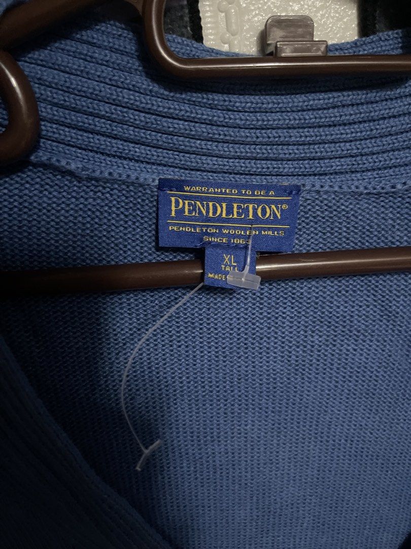 Pendleton Blue Cotton Cardigan XL Tall (Category: Coats, Jackets and Outerwear) located in Quezon City. Submitted by listless32 (Listing ID 1467191423, Image 3). Description: W24 l31 Authentic Pendleton Woolen Mills blue knit cardigan in XL Tall. Made of 100% cotton with a stylish shawl collar, button front, and two pockets. Includes a spare button. Great pre-loved condition, perfect for layering!.