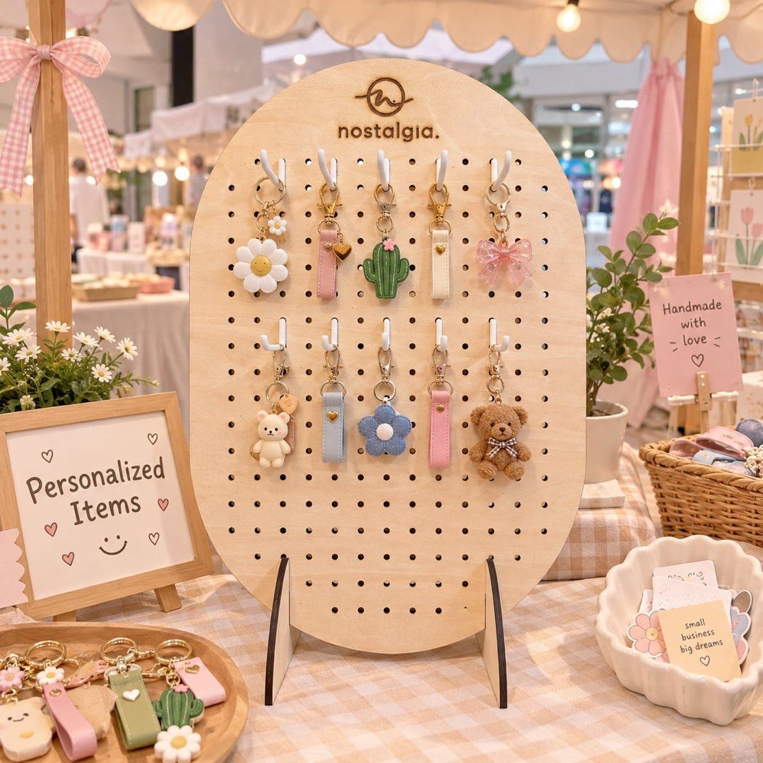 Personalized Wooden Pegboard Display Stand with Hooks (Category: Shelves, Cabinets & Racks) located in Malolos. Submitted by jelikaaaaa (Listing ID 1467253171, Image 1). Description: - Brand: Nostalgia - Design: Oval wooden pegboard with natural finish and laser-etched logo - Included: Removable wooden base support stands and white metal hooks - Versatile: Multiple pre-drilled holes for hanging items - Ideal Use: Perfect for craft fairs, retail d