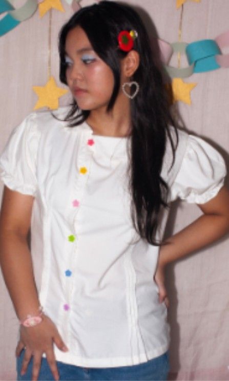 Peterpan collar whimsical blouse (Category: Blouses) located in Bulacan. Submitted by chi.cheezi.choko (Listing ID 1467230692, Image 2). Description: i got this for 700 :> used it 1x for my bday size large cotton fabric pm for more deets its been sitting in my closet lang.