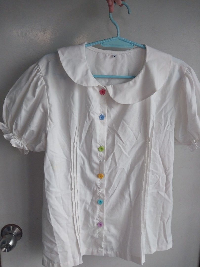 Peterpan collar whimsical blouse (Category: Blouses) located in Bulacan. Submitted by chi.cheezi.choko (Listing ID 1467230692, Image 1). Description: i got this for 700 :> used it 1x for my bday size large cotton fabric pm for more deets its been sitting in my closet lang.