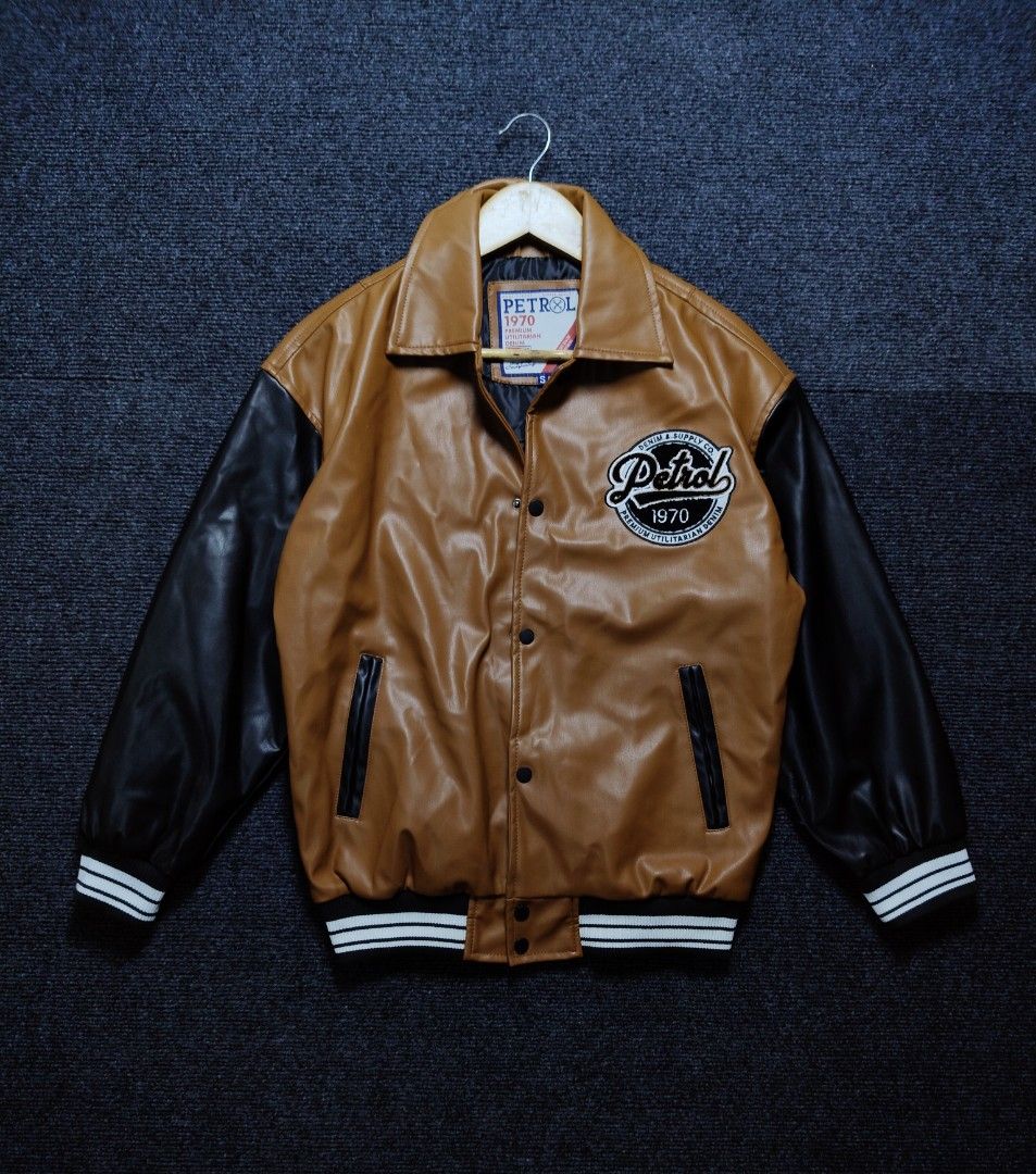 Petrol brown leather varsity jacket (Category: Coats, Jackets and Outerwear) located in Quezon City. Submitted by wgapparel (Listing ID 1467354000, Image 2). Description: 📌 available 20 x 25 W/L ( Small on tag ) Brand new condition Complete tags 💯 Color rate 9.5 or better Need wash lang ( random stain sa ribbings ) Isang beses lang nagamit Ganda neto mga ssob 🔥 Mine 780 Location Quezon City Shipping via Lalamove or jnt No COD * Color may vary 