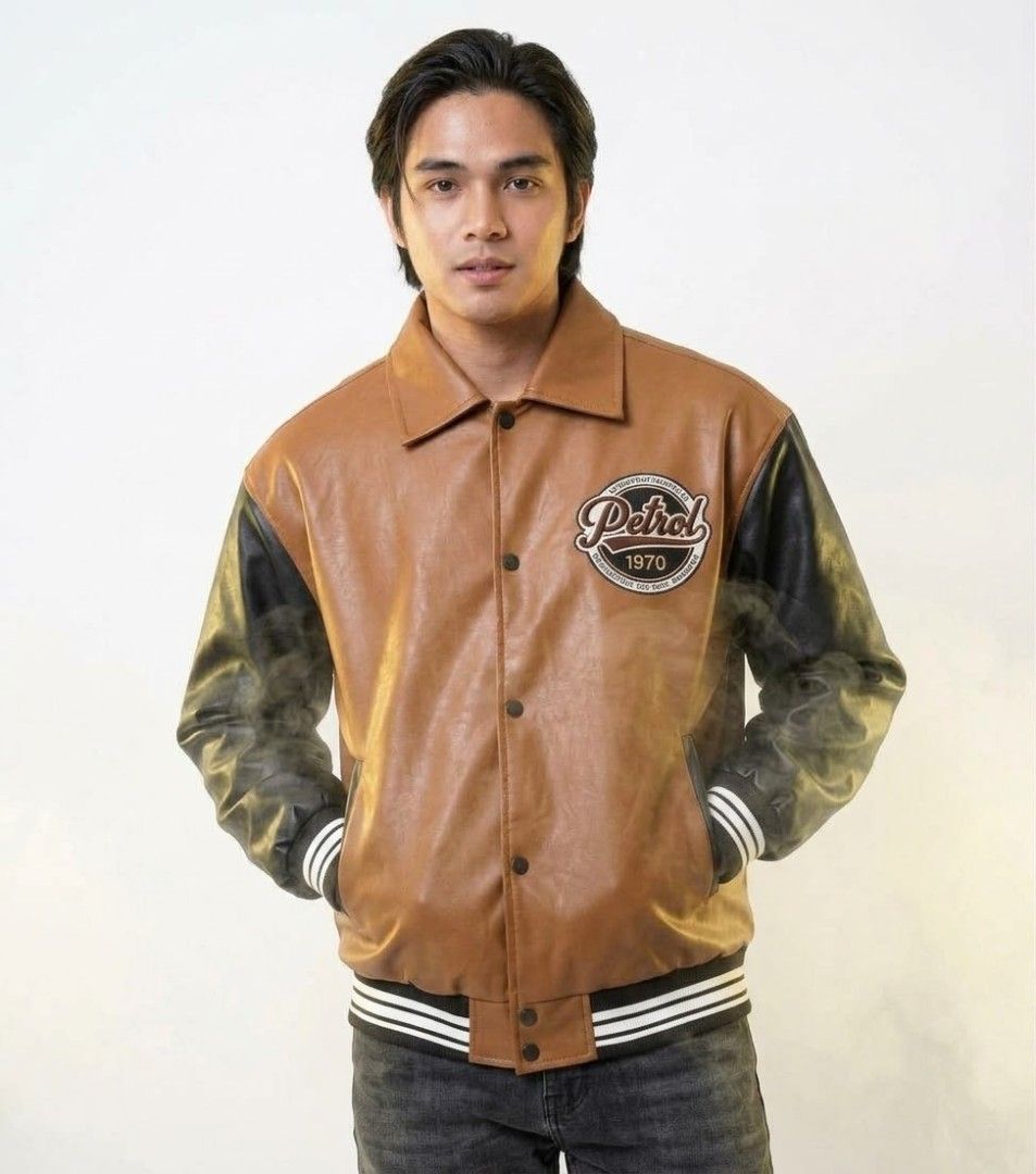 Petrol brown leather varsity jacket (Category: Coats, Jackets and Outerwear) located in Quezon City. Submitted by wgapparel (Listing ID 1467354000, Image 1). Description: 📌 available 20 x 25 W/L ( Small on tag ) Brand new condition Complete tags 💯 Color rate 9.5 or better Need wash lang ( random stain sa ribbings ) Isang beses lang nagamit Ganda neto mga ssob 🔥 Mine 780 Location Quezon City Shipping via Lalamove or jnt No COD * Color may vary 