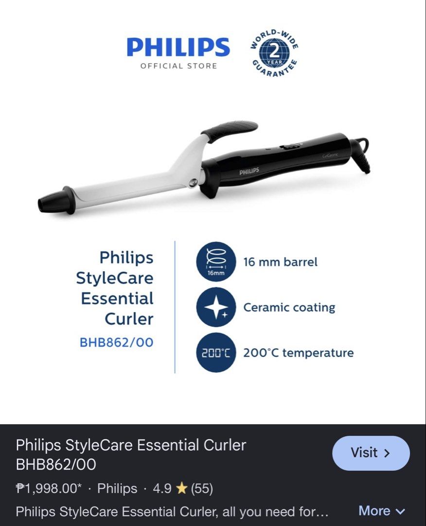 Philips StyleCare Essential Curler BHB862/00 (Category: Hair) located in Quezon City. Submitted by carmelloz78155 (Listing ID 1467172119, Image 2). Description: - Model: Philips StyleCare Essential Curler (BHB862/00) - Barrel size: 16mm ceramic-coated barrel for smooth styling - Temperature: Heats up to 200°C for long-lasting curls - Design: Sleek black and white body with a protective cool tip for safety - Condition: Works great, heats up fast, 