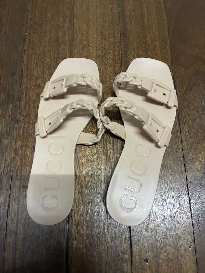 Pink Beige Rubber Slide Sandals (Category: Sandals) located in Quezon City. Submitted by habits.mnl (Listing ID 1467273242, Image 1). Description: Made in Vietnam - Style: Slip-on sandals with open square toe - Color: Beige - Material: Durable rubber - Design details: Two braided top straps with buckle accents.