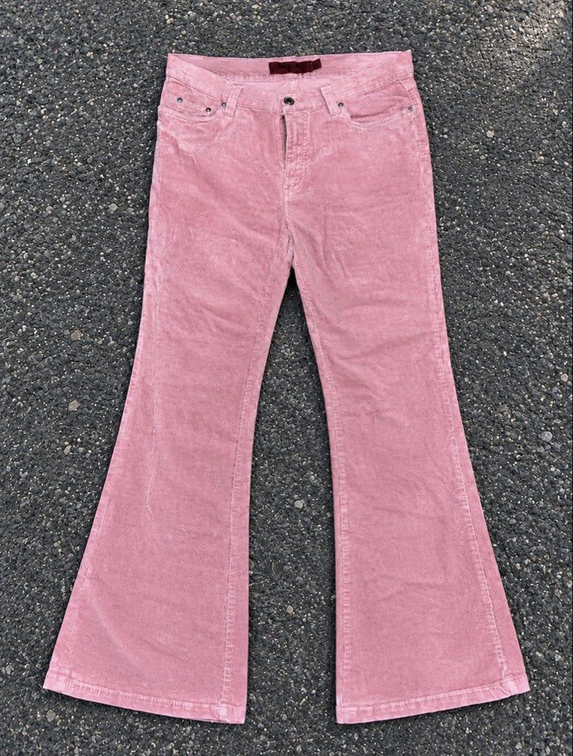 Pink Corduroy Flared Pants (Category: Jeans) located in Caloocan City. Submitted by cleverwater.ba6482 (Listing ID 1467297573, Image 1). Description: - Dusty pink corduroy flare pants - Mid-rise waist with zip fly and button closure - Classic belt loops - Functional front scoop pockets and back patch pockets - Soft textured fabric with a vintage faded wash.