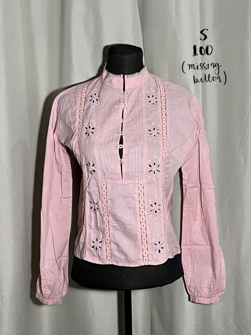 Pink long sleeve eyelet blouse (Category: Blouses) located in Las Pinas. Submitted by jilanah (Listing ID 1467346567, Image 1). Description: MISSING BUTTON AS SHOWN.