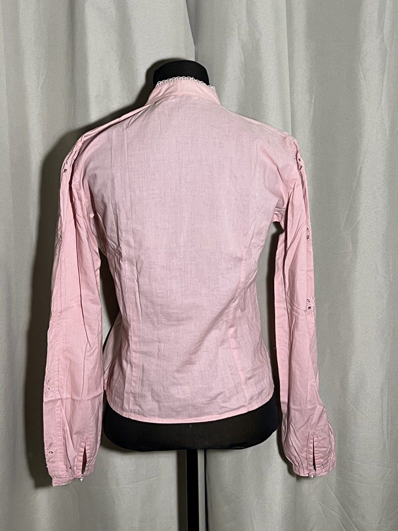Pink long sleeve eyelet blouse (Category: Blouses) located in Las Pinas. Submitted by jilanah (Listing ID 1467346567, Image 3). Description: MISSING BUTTON AS SHOWN.