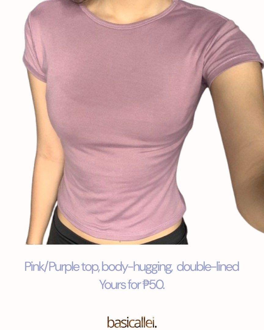 Pink Purple Top (Category: Shirts) located in Quezon City. Submitted by basicallei (Listing ID 1467238351, Image 2). Description: Fits XS-M (Body in photo is M) Mininal issue: loose thread made a hole (sewable).