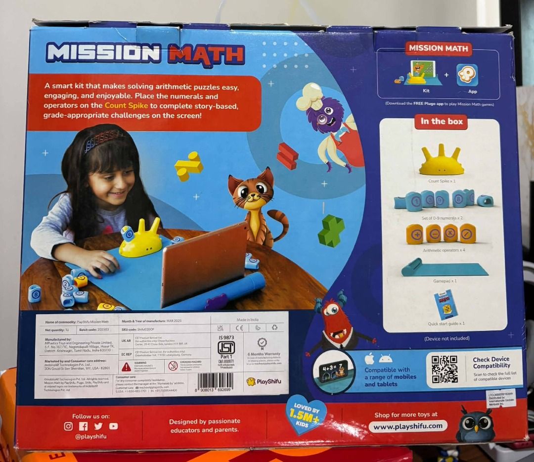 PlayShifu Mission Math Educational Learning Toy (Category: Educational & Learning Toys) located in Makati City. Submitted by hd.ong (Listing ID 1467186330, Image 2). Description: - Brand: PlayShifu - Edition: Mission Math / Plugo Count - Age Range: Designed for kids ages 4 to 10 - Learning Content: Covers addition, subtraction, multiplication, and division - Activities: Includes 5 interactive games and over 250 math puzzles ✨Unboxed once for vide