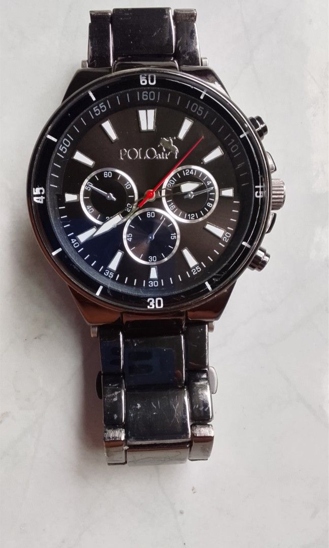 POLO Air Black Chronograph - Working 100% - Small Wrist (Category: Men's Watches) located in Cebu City. Submitted by echowatchshopcebu (Listing ID 1467230075, Image 1). Description: POLO Air Black Chronograph - Working 100%! ✅ Ga andar - Working makina (red segundo ga lihok) ✅ Nindot pa atubangan - Black dial guapo ✅ Small wrist friendly - Pang gamay kamot / teens 15+ goods! Honest Issue: Naa nay bakbak gamay nga black paint sa strap sa likod (ma