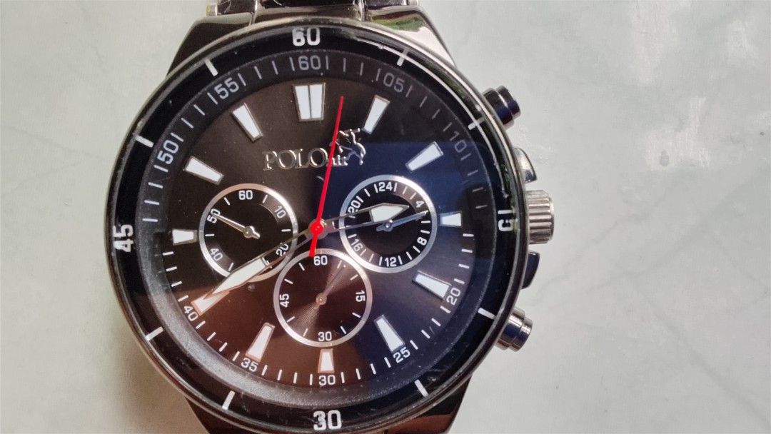 POLO Air Black Chronograph - Working 100% - Small Wrist (Category: Men's Watches) located in Cebu City. Submitted by echowatchshopcebu (Listing ID 1467230075, Image 3). Description: POLO Air Black Chronograph - Working 100%! ✅ Ga andar - Working makina (red segundo ga lihok) ✅ Nindot pa atubangan - Black dial guapo ✅ Small wrist friendly - Pang gamay kamot / teens 15+ goods! Honest Issue: Naa nay bakbak gamay nga black paint sa strap sa likod (ma
