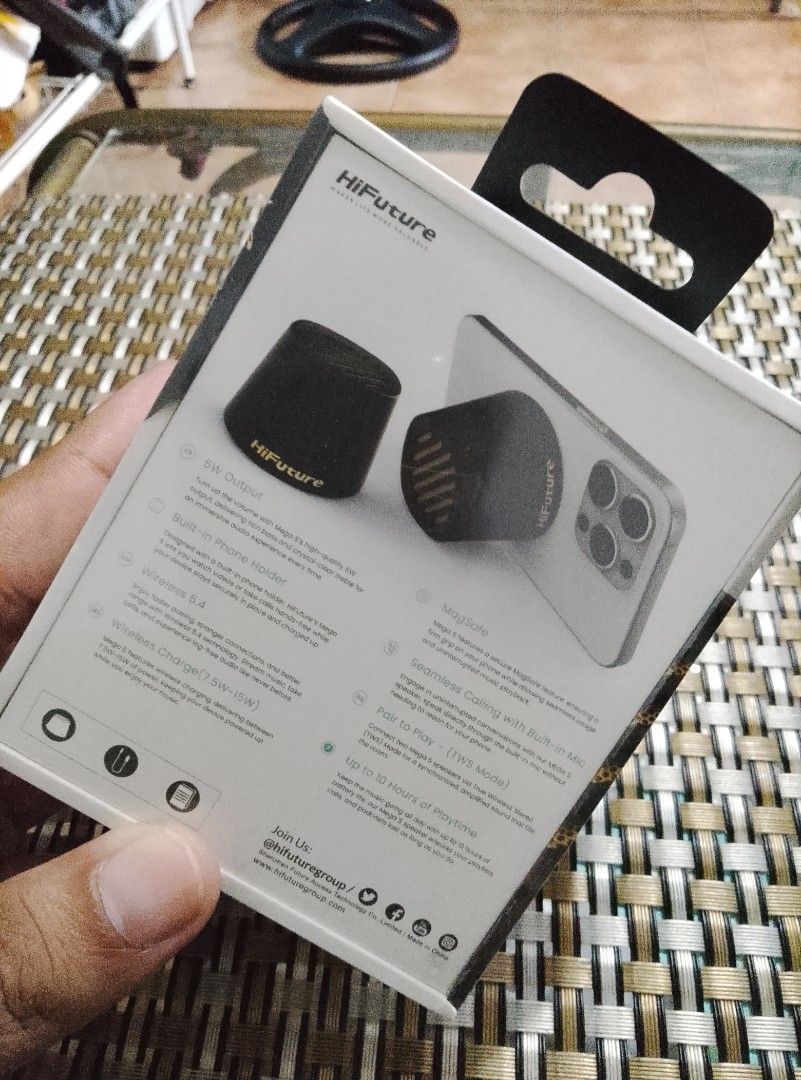 Portable wireless magnetic (MagSafe-compatible) speaker (Category: Soundbars, Speakers & Amplifiers) located in Makati City. Submitted by kervstaniegra (Listing ID 1467230207, Image 2). Description: The HiFuture Mega S is a pocket-sized 5W magnetic Bluetooth speaker that snaps directly onto MagSafe phones or metal surfaces, doubling as a convenient phone kickstand. Quick Features • 10-Hour Battery: Long-lasting playtime on a single charge. • Magn